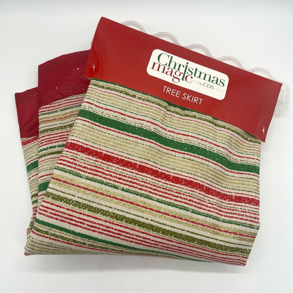 Christmas Magic Gold Red Green Striped Tree Skirt 48" Elegant Holiday Decor New